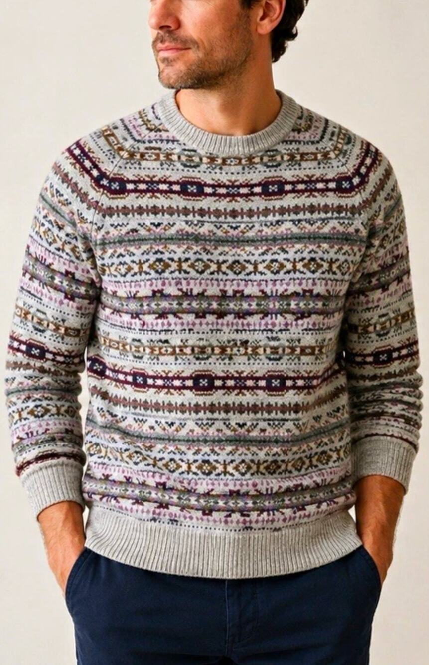 J. Crew Mens Sweater Medium Striped Gray Fair Isle Supersoft Lambs Wool Crewneck